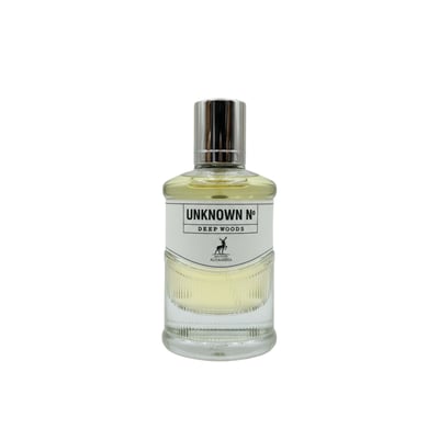 Maison Alhambra Unknown No Deep Woods — A boxed perfume set with the perfume bottle standing next to its brown and white packaging. | Maison Alhambra Unknown No Deep Woods — Set wangian berbungkus dengan botol minyak wangi berdiri di sebelah pembungkus coklat dan putihnya.