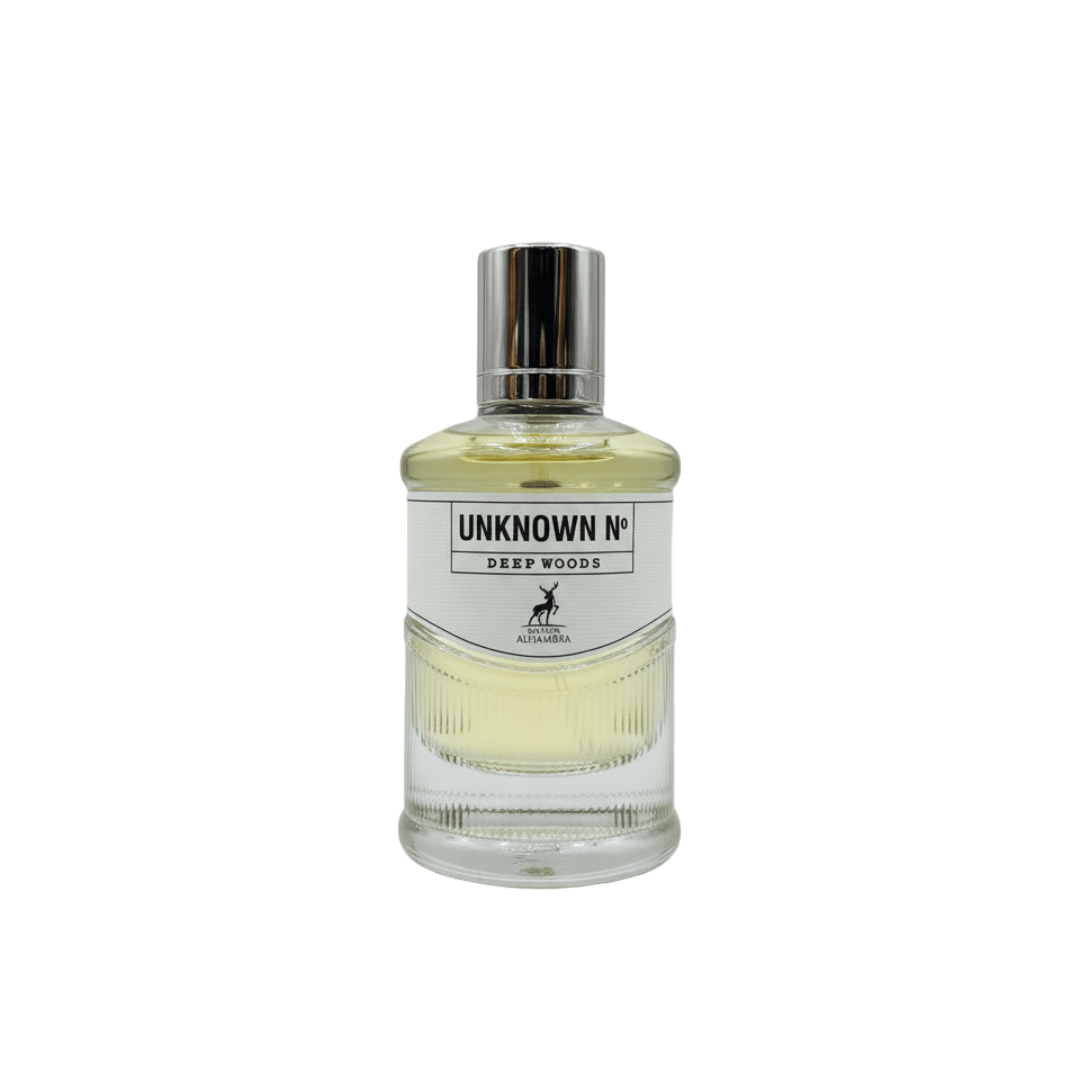 Maison Alhambra Unknown No Deep Woods — A boxed perfume set with the perfume bottle standing next to its brown and white packaging. | Maison Alhambra Unknown No Deep Woods — Set wangian berbungkus dengan botol minyak wangi berdiri di sebelah pembungkus coklat dan putihnya.
