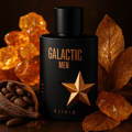 Maison Alhambra Galactic Man Elixir — Black perfume box and bottle with gold star accents and text, set against a white background. | Maison Alhambra Galactic Man Elixir — Kotak dan botol minyak wangi hitam dengan aksen bintang emas dan teks, berlatar belakang putih.