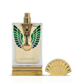 Maison Alhambra La Charmante by Maison Alhambra 100ml EDP — A perfume bottle with a gold and green peacock-inspired cap and ornate detailing on the front, displayed next to its matching dark teal box with art deco-inspired patterns and a deer emblem. | Maison Alhambra La Charmante by Maison Alhambra 100ml EDP — Botol