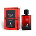 Maison Alhambra Your Touch Extrait — Red and black packaging with a chain design, next to a red glass perfume bottle with a black cap. | Pembungkusan merah dan hitam dengan rekaan rantai, bersebelahan botol minyak wangi kaca merah dengan penutup hitam.