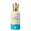 Maison Alhambra The White Cloud — A white perfume bottle with a gold crown cap and blue and gold accents, shown next to its matching blue and white patterned box with gold fleur-de-lis. | Maison Alhambra The White Cloud — Botol minyak wangi putih dengan penutup mahkota emas dan aksen biru serta emas, ditunjukkan di