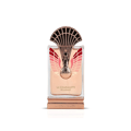 Maison Alhambra La Charmante Eclatant by Maison Alhambra 100ml EDP — A perfume bottle with a decorative fan-like gold and red atomizer sits next to its matching red and gold patterned box. | Maison Alhambra La Charmante Eclatant by Maison Alhambra 100ml EDP — Botol minyak wangi dengan penyembur emas dan merah seperti