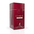Maison Alhambra Camille by Maison Alhambra 100ml EDP — A clear glass perfume bottle with a rose-shaped maroon cap and a maroon rose design on the front, next to its matching maroon box with gold accents and text. | Maison Alhambra Camille by Maison Alhambra 100ml EDP — Botol minyak wangi kaca jernih dengan penutup