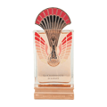 Maison Alhambra La Charmante Eclatant by Maison Alhambra 100ml EDP — A perfume bottle with a decorative fan-like gold and red atomizer sits next to its matching red and gold patterned box. | Maison Alhambra La Charmante Eclatant by Maison Alhambra 100ml EDP — Botol minyak wangi dengan penyembur emas dan merah seperti