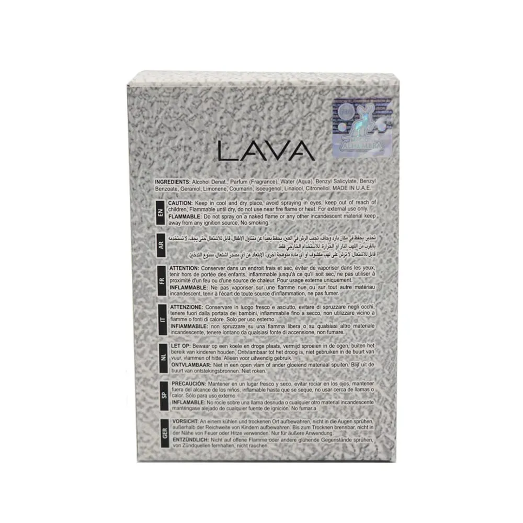 Maison Alhambra Lava by Maison Alhambra 100ml EDP — A clear glass perfume bottle with a textured grey cap and a metallic silver label featuring the word "LAVA" sits next to its white textured box with "LAVA" printed on it. | Maison Alhambra Lava by Maison Alhambra 100ml EDP — Botol minyak wangi kaca jernih dengan