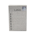Maison Alhambra Lava by Maison Alhambra 100ml EDP — A clear glass perfume bottle with a textured grey cap and a metallic silver label featuring the word "LAVA" sits next to its white textured box with "LAVA" printed on it. | Maison Alhambra Lava by Maison Alhambra 100ml EDP — Botol minyak wangi kaca jernih dengan