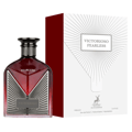 Maison Alhambra Victorioso Fearless by Maison Alhambra 100ml EDP — A red glass perfume bottle with a silver geometric design and a black cap, placed next to its white and red patterned box with the brand logo. | Maison Alhambra Victorioso Fearless by Maison Alhambra 100ml EDP — Botol kaca merah dengan reka bentuk