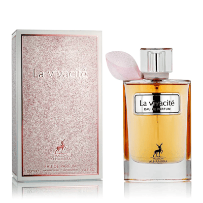 Maison Alhambra La Vivacite by Maison Alhambra 100ml EDP — A perfume box with a pink glitter design and a glass perfume bottle with golden liquid and a pink ribbon accent, displayed on a white background. | Maison Alhambra La Vivacite by Maison Alhambra 100ml EDP — Kotak minyak wangi dengan rekaan kilauan merah jambu