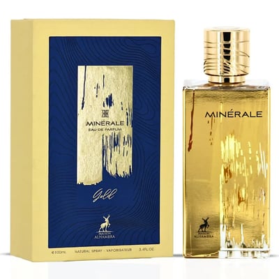 Maison Alhambra Minerale Gold by Maison Alhambra 100ml EDP — A gold-colored perfume bottle and its matching yellow and blue box are displayed side-by-side against a white background. | Maison Alhambra Minerale Gold by Maison Alhambra 100ml EDP — Botol minyak wangi berwarna emas dan kotak padanannya yang berwarna
