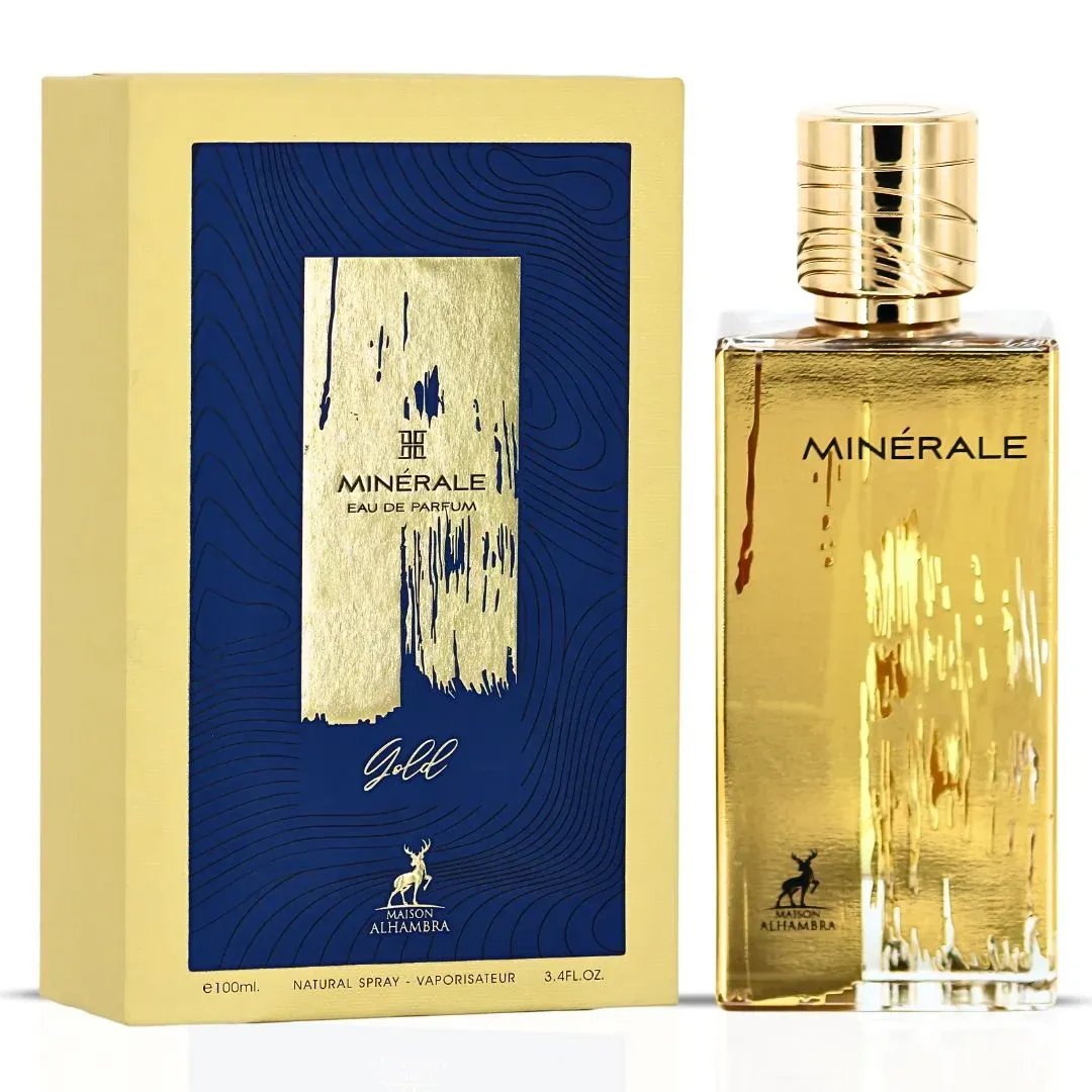 Maison Alhambra Minerale Gold by Maison Alhambra 100ml EDP — A gold-colored perfume bottle and its matching yellow and blue box are displayed side-by-side against a white background. | Maison Alhambra Minerale Gold by Maison Alhambra 100ml EDP — Botol minyak wangi berwarna emas dan kotak padanannya yang berwarna