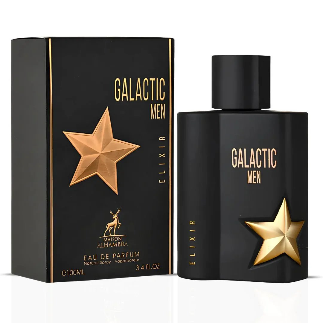 Maison Alhambra Galactic Man Elixir — Black perfume box and bottle with gold star accents and text, set against a white background. | Maison Alhambra Galactic Man Elixir — Kotak dan botol minyak wangi hitam dengan aksen bintang emas dan teks, berlatar belakang putih.