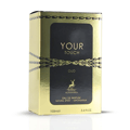 Maison Alhambra Your Touch Oud — A black perfume bottle with a gold cap stands next to its matching black and gold box, both featuring the text 'YOUR TOUCH OUD' and a deer logo. | Maison Alhambra Your Touch Oud — Botol minyak wangi hitam dengan penutup emas berdiri di sebelah kotak hitam dan emasnya, kedua-duanya
