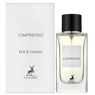 Maison Alhambra L'Impressio Pour Femme — White perfume box and clear glass bottle with black cap, featuring a deer logo and text. | Kotak pewangi putih dan botol kaca jernih bertutup hitam, menampilkan logo rusa dan teks.