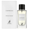 Maison Alhambra L'Impressio Pour Femme — White perfume box and clear glass bottle with black cap, featuring a deer logo and text. | Kotak pewangi putih dan botol kaca jernih bertutup hitam, menampilkan logo rusa dan teks.