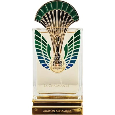 Maison Alhambra La Charmante by Maison Alhambra 100ml EDP — A perfume bottle with a gold and green peacock-inspired cap and ornate detailing on the front, displayed next to its matching dark teal box with art deco-inspired patterns and a deer emblem. | Maison Alhambra La Charmante by Maison Alhambra 100ml EDP — Botol