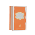 Maison Alhambra Sugar Me Carrot Cake — A clear glass perfume bottle with an orange liquid and gold decorative elements, next to its orange and white striped box with a gold ornate frame containing the product name. | Maison Alhambra Sugar Me Carrot Cake — Botol minyak wangi kaca jernih dengan cecair oren dan elemen