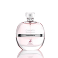 Maison Alhambra Chants Tenderina by Maison Alhambra 100ml EDP — A clear glass perfume bottle with a faceted cap sits next to its pink and white box, both featuring a deer logo and text. | Maison Alhambra Chants Tenderina by Maison Alhambra 100ml EDP — Botol minyak wangi kaca jernih dengan penutup berfacets terletak di