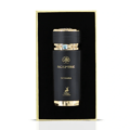 Maison Alhambra Sceptre Oceana — Black perfume bottle with gold accents and a blue, marbled box with gold trim, featuring a deer logo. | Maison Alhambra Sceptre Oceana — Botol minyak wangi hitam dengan aksen emas dan kotak biru berjalak emas, menampilkan logo rusa.