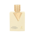 Maison Alhambra Chateau Ottoman — A light cream-colored perfume box and bottle are displayed against a white background. The box features a gold embossed geometric pattern and the product name. The bottle has a gold cap and a gold embossed geometric design on the front. | Maison Alhambra Chateau Ottoman — Kotak dan