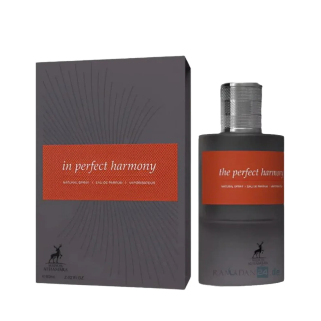 Maison Alhambra In Perfect Harmony 60ml EDP — A grey box and a grey perfume bottle with an orange label featuring the text 'in perfect harmony' are shown against a white background. | Maison Alhambra In Perfect Harmony 60ml EDP — Kotak kelabu dan botol minyak wangi kelabu dengan label oren bertulis 'in perfect