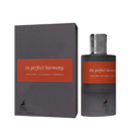 Maison Alhambra In Perfect Harmony 60ml EDP — A grey box and a grey perfume bottle with an orange label featuring the text 'in perfect harmony' are shown against a white background. | Maison Alhambra In Perfect Harmony 60ml EDP — Kotak kelabu dan botol minyak wangi kelabu dengan label oren bertulis 'in perfect