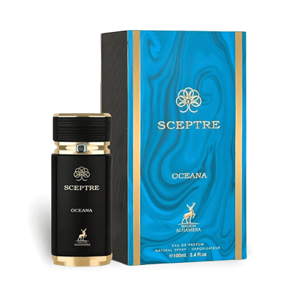 Maison Alhambra Sceptre Oceana — Black perfume bottle with gold accents and a blue, marbled box with gold trim, featuring a deer logo. | Maison Alhambra Sceptre Oceana — Botol minyak wangi hitam dengan aksen emas dan kotak biru berjalak emas, menampilkan logo rusa.