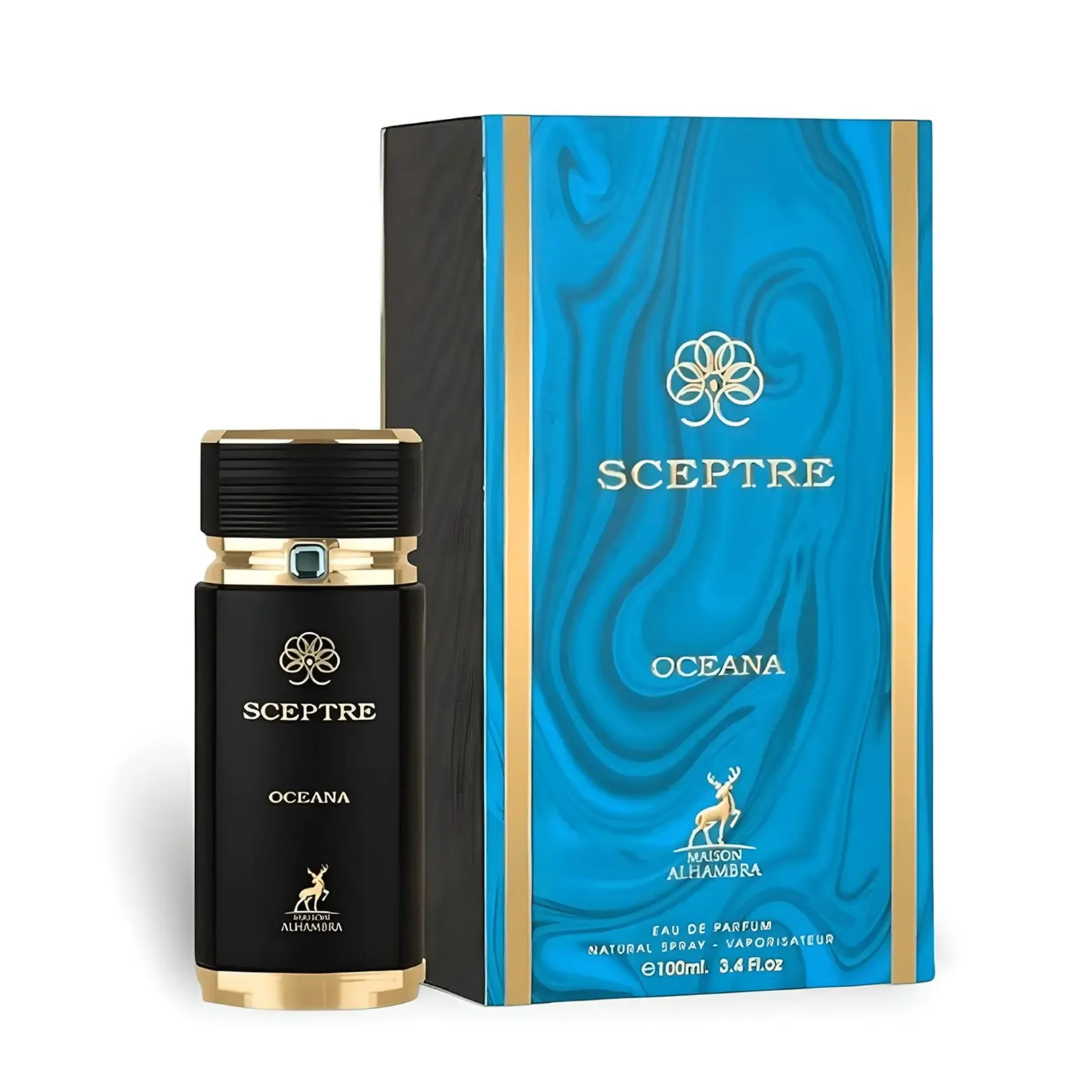 Maison Alhambra Sceptre Oceana — Black perfume bottle with gold accents and a blue, marbled box with gold trim, featuring a deer logo. | Maison Alhambra Sceptre Oceana — Botol minyak wangi hitam dengan aksen emas dan kotak biru berjalak emas, menampilkan logo rusa.