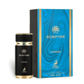 Maison Alhambra Sceptre Oceana — Black perfume bottle with gold accents and a blue, marbled box with gold trim, featuring a deer logo. | Maison Alhambra Sceptre Oceana — Botol minyak wangi hitam dengan aksen emas dan kotak biru berjalak emas, menampilkan logo rusa.