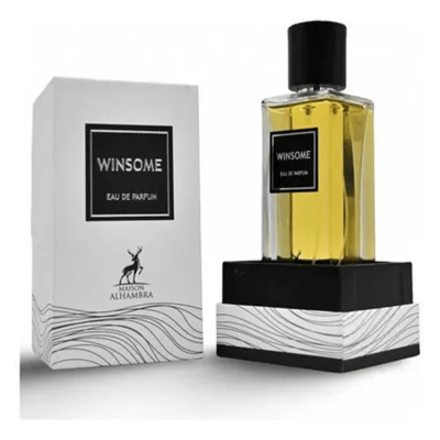Maison Alhambra Winsome by Maison Alhambra 90ml EDP — A white box with black text and a deer logo sits next to a clear glass perfume bottle with yellow liquid and a black cap, displayed on a black and white tiered stand. | Maison Alhambra Winsome by Maison Alhambra 90ml EDP — Kotak putih dengan teks hitam dan logo