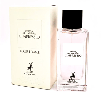 Maison Alhambra L'Impressio Pour Femme — White perfume box and clear glass bottle with black cap, featuring a deer logo and text. | Kotak pewangi putih dan botol kaca jernih bertutup hitam, menampilkan logo rusa dan teks.