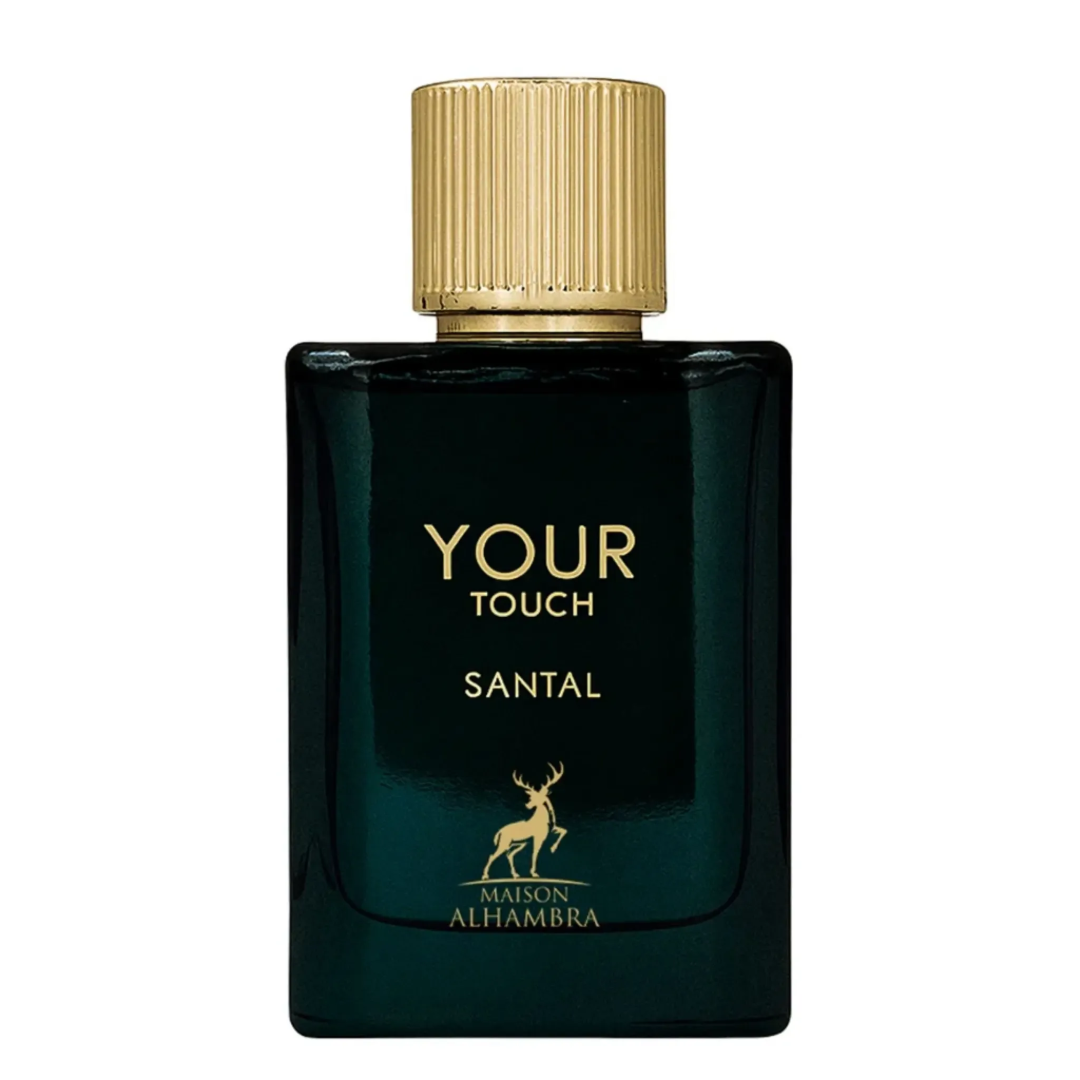 Maison Alhambra Your Touch Santal by Maison Alhambra 100ml EDP — A dark teal glass perfume bottle with a gold cap stands next to its matching box, both featuring gold chain-like designs and a deer logo. | Maison Alhambra Your Touch Santal by Maison Alhambra 100ml EDP — Botol kaca teal gelap dengan penutup emas berdiri