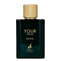 Maison Alhambra Your Touch Santal by Maison Alhambra 100ml EDP — A dark teal glass perfume bottle with a gold cap stands next to its matching box, both featuring gold chain-like designs and a deer logo. | Maison Alhambra Your Touch Santal by Maison Alhambra 100ml EDP — Botol kaca teal gelap dengan penutup emas berdiri