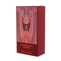 Maison Alhambra La Charmante Eclatant by Maison Alhambra 100ml EDP — A perfume bottle with a decorative fan-like gold and red atomizer sits next to its matching red and gold patterned box. | Maison Alhambra La Charmante Eclatant by Maison Alhambra 100ml EDP — Botol minyak wangi dengan penyembur emas dan merah seperti