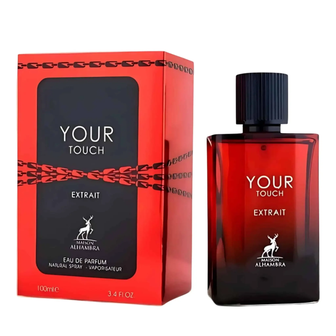 Maison Alhambra Your Touch Extrait — Red and black packaging with a chain design, next to a red glass perfume bottle with a black cap. | Pembungkusan merah dan hitam dengan rekaan rantai, bersebelahan botol minyak wangi kaca merah dengan penutup hitam.