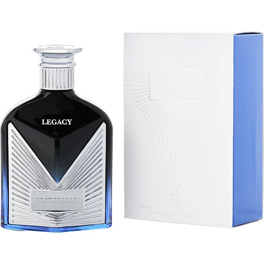 Maison Alhambra Victorioso Legacy — Black glass perfume bottle with silver accents and blue gradient base, next to a white and blue box with radiating lines | Maison Alhambra Victorioso Legacy — Botol minyak wangi kaca hitam dengan aksen perak dan tapak gradien biru, bersebelahan dengan kotak putih dan biru dengan
