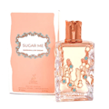 Maison Alhambra Sugar Me Marshmallow Dream — A pink box with a decorative label and a clear glass perfume bottle with a rose gold cap and a dripping candy-like design with blue and white accents. | Maison Alhambra Sugar Me Marshmallow Dream — Kotak merah jambu dengan label hiasan dan botol minyak wangi kaca jernih