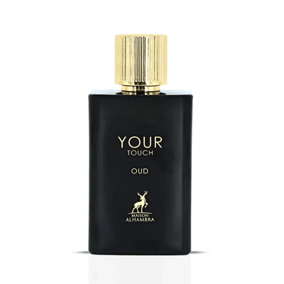 Maison Alhambra Your Touch Oud — A black perfume bottle with a gold cap stands next to its matching black and gold box, both featuring the text 'YOUR TOUCH OUD' and a deer logo. | Maison Alhambra Your Touch Oud — Botol minyak wangi hitam dengan penutup emas berdiri di sebelah kotak hitam dan emasnya, kedua-duanya