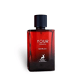 Maison Alhambra Your Touch Extrait — Red and black packaging with a chain design, next to a red glass perfume bottle with a black cap. | Pembungkusan merah dan hitam dengan rekaan rantai, bersebelahan botol minyak wangi kaca merah dengan penutup hitam.