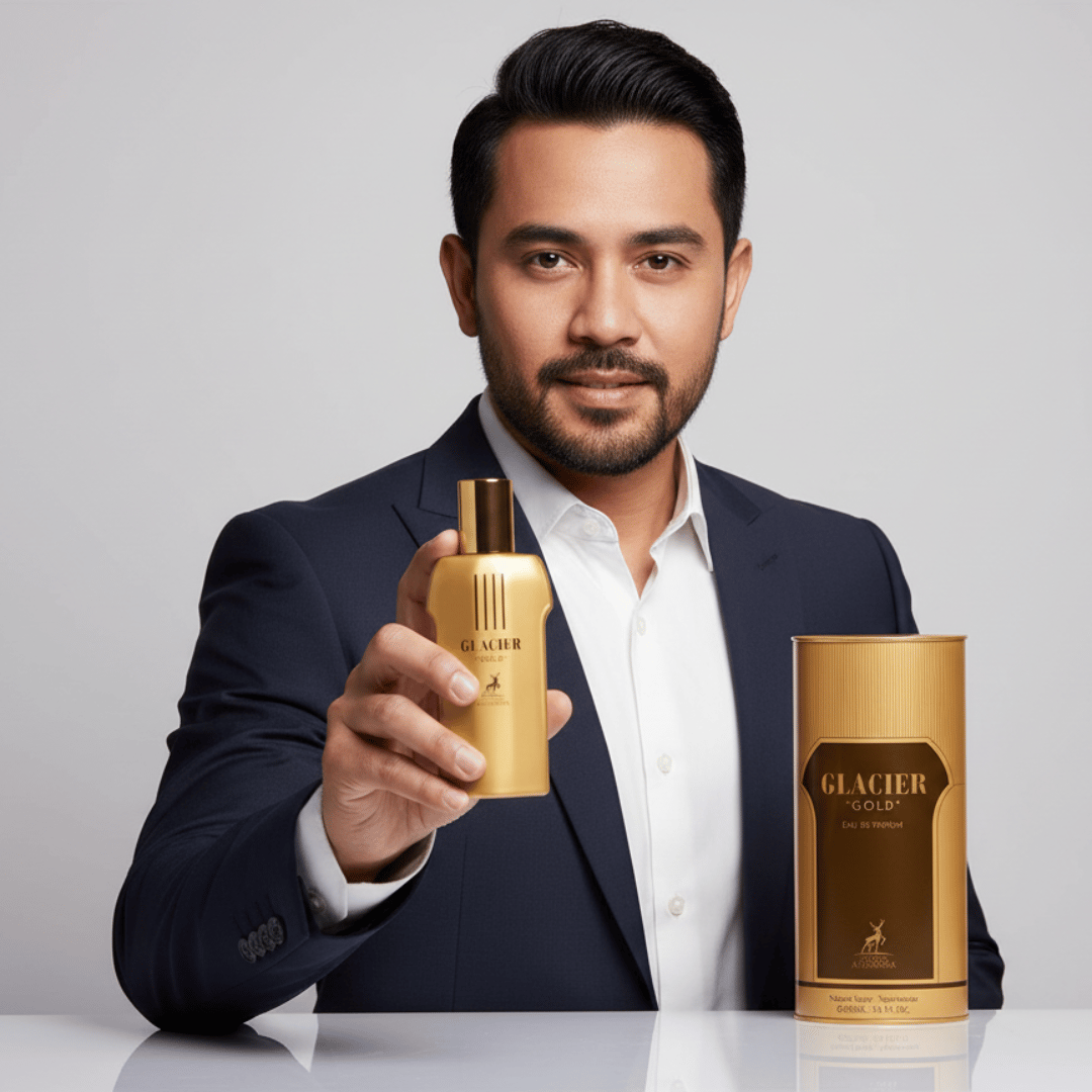 Maison Alhambra Glacier Gold by Maison Alhambra 100ml EDP — Amber glass bottle with a silver cap next to its amber cylindrical case | Maison Alhambra Glacier Gold by Maison Alhambra 100ml EDP — Botol kaca berwarna ambar dengan penutup perak di sebelah bekas silindernya yang berwarna ambar