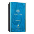 Maison Alhambra Sceptre Oceana — Black perfume bottle with gold accents and a blue, marbled box with gold trim, featuring a deer logo. | Maison Alhambra Sceptre Oceana — Botol minyak wangi hitam dengan aksen emas dan kotak biru berjalak emas, menampilkan logo rusa.