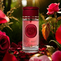 Maison Alhambra Camille by Maison Alhambra 100ml EDP — A clear glass perfume bottle with a rose-shaped maroon cap and a maroon rose design on the front, next to its matching maroon box with gold accents and text. | Maison Alhambra Camille by Maison Alhambra 100ml EDP — Botol minyak wangi kaca jernih dengan penutup