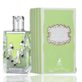 Maison Alhambra Sugar Me Pistachio Chocolate by Maison Alhambra 100ml EDP — A light green perfume bottle with a decorative, dripping design and dark accents, next to its matching light green box with ornate framing and text. | Maison Alhambra Sugar Me Pistachio Chocolate by Maison Alhambra 100ml EDP — Botol minyak
