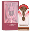 Maison Alhambra La Charmante Eclatant by Maison Alhambra 100ml EDP — A perfume bottle with a decorative fan-like gold and red atomizer sits next to its matching red and gold patterned box. | Maison Alhambra La Charmante Eclatant by Maison Alhambra 100ml EDP — Botol minyak wangi dengan penyembur emas dan merah seperti