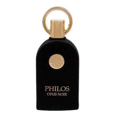 Maison Alhambra Philos Opus Noir by Maison Alhambra 100ml EDP — A black perfume bottle with a gold ring cap and a circular gold emblem on the front, next to its matching black and gold box with the same emblem and text. | Maison Alhambra Philos Opus Noir by Maison Alhambra 100ml EDP — Botol minyak wangi hitam dengan