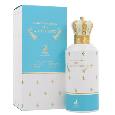 Maison Alhambra The White Cloud — A white perfume bottle with a gold crown cap and blue and gold accents, shown next to its matching blue and white patterned box with gold fleur-de-lis. | Maison Alhambra The White Cloud — Botol minyak wangi putih dengan penutup mahkota emas dan aksen biru serta emas, ditunjukkan di