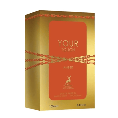 Maison Alhambra Your Touch Amber by Maison Alhambra 100ml — A rectangular amber glass perfume bottle with a gold ribbed cap sits next to its matching gold and orange box, which features a zipper-like design. | Maison Alhambra Your Touch Amber by Maison Alhambra 100ml — Botol kaca amber berbentuk segi empat dengan