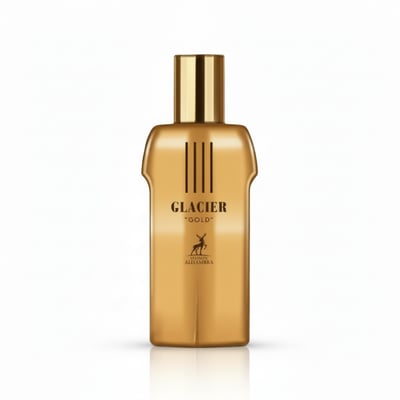 Maison Alhambra Glacier Gold by Maison Alhambra 100ml EDP — Amber glass bottle with a silver cap next to its amber cylindrical case | Maison Alhambra Glacier Gold by Maison Alhambra 100ml EDP — Botol kaca berwarna ambar dengan penutup perak di sebelah bekas silindernya yang berwarna ambar