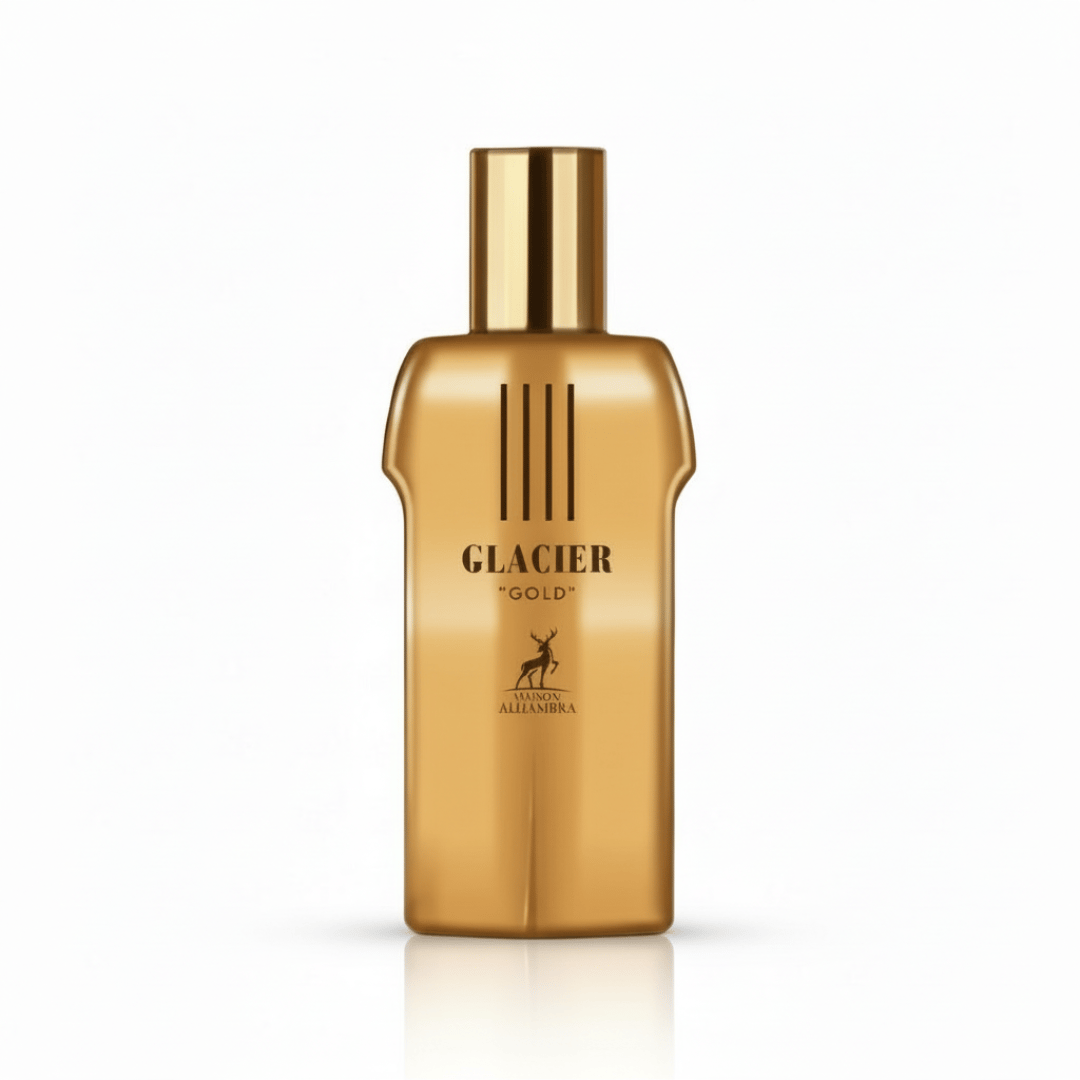 Maison Alhambra Glacier Gold by Maison Alhambra 100ml EDP — Amber glass bottle with a silver cap next to its amber cylindrical case | Maison Alhambra Glacier Gold by Maison Alhambra 100ml EDP — Botol kaca berwarna ambar dengan penutup perak di sebelah bekas silindernya yang berwarna ambar