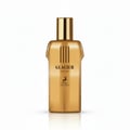 Maison Alhambra Glacier Gold by Maison Alhambra 100ml EDP — Amber glass bottle with a silver cap next to its amber cylindrical case | Maison Alhambra Glacier Gold by Maison Alhambra 100ml EDP — Botol kaca berwarna ambar dengan penutup perak di sebelah bekas silindernya yang berwarna ambar